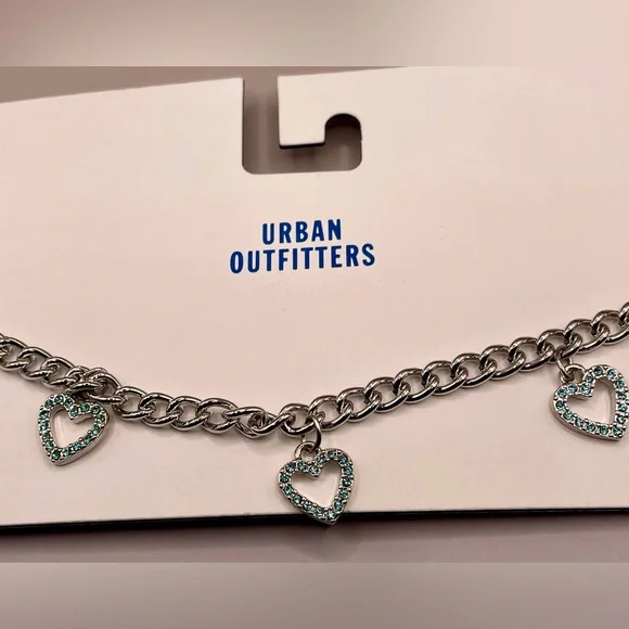 Urban Outfitters blue rhinestone heart charms choker necklace. Silver tone. NWT - Picture 2 of 4